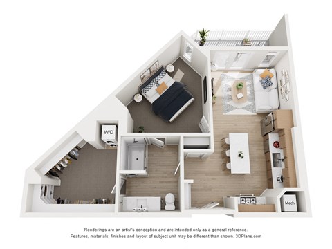 Floor plan for 1 bed, 1 bath, 855 sqft